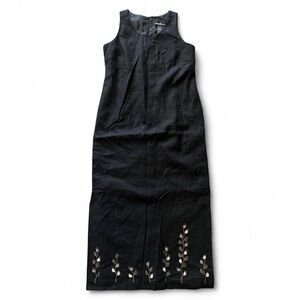 Vintage Embroidered Linen Blend Embellished with Shells Black Maxi Dress Size 8